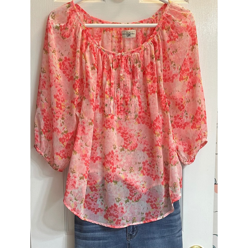 Abercrombie & Fitch Pink Floral Sheer Blouse Pleated Bib Boho Top Womens Large